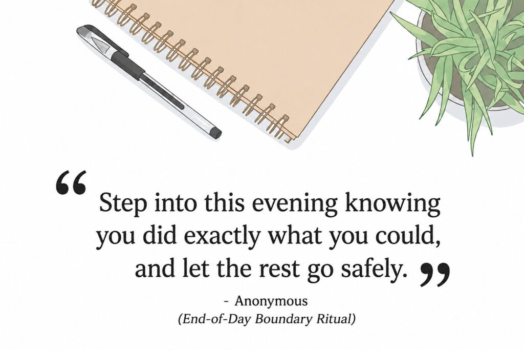A clean graphic text supporting an evening boundary ritual, delivering calming workplace quotes.