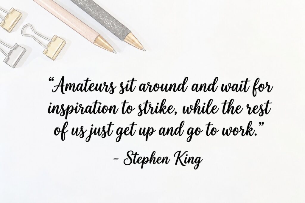 Graphic about work ethic over waiting for inspiration, ideal for a Monday morning quotes search.