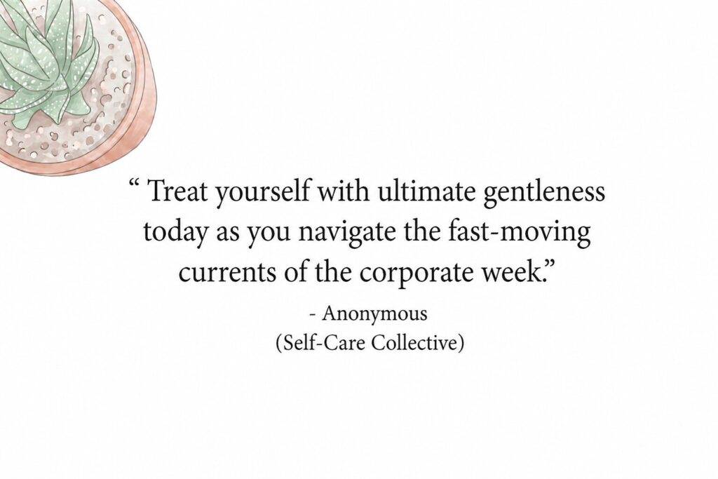 A comforting graphic design encouraging self-care and gentleness during the week, offering happy Wednesday lines.
