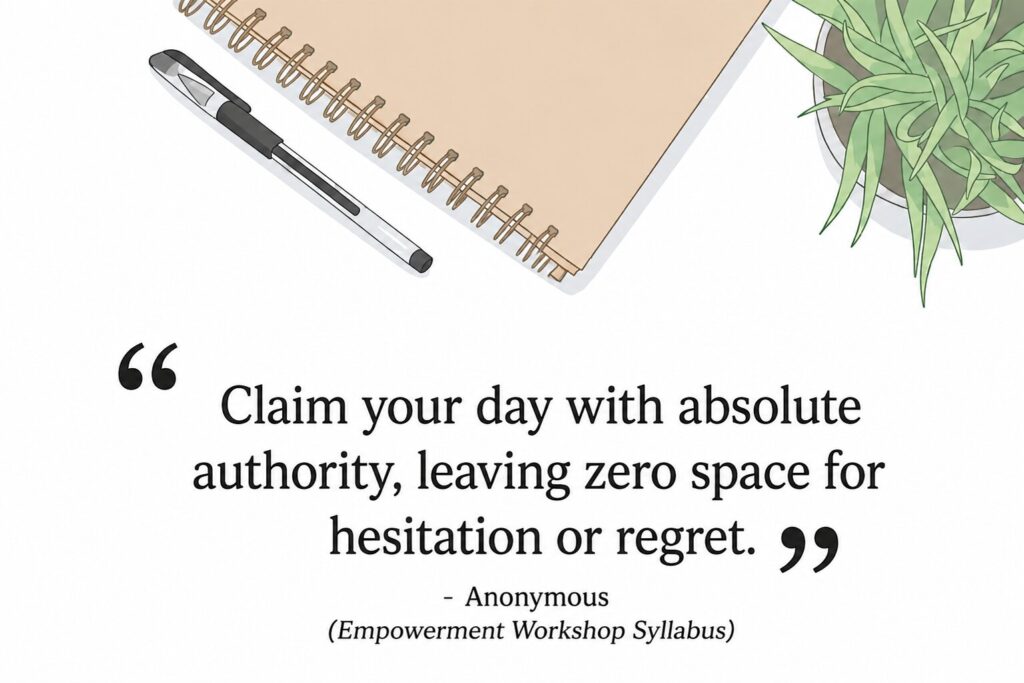Empowering text quote about leaving zero space for hesitation, boosting an unstoppable mid-week drive.