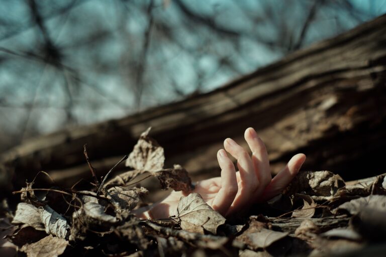 What is the Meaning of Dead Person Alive in Dream? (Spiritual & Psychological Insights) A pale hand reaching out from dark fallen autumn leaves, exploring what is the meaning of dead person alive in dream.