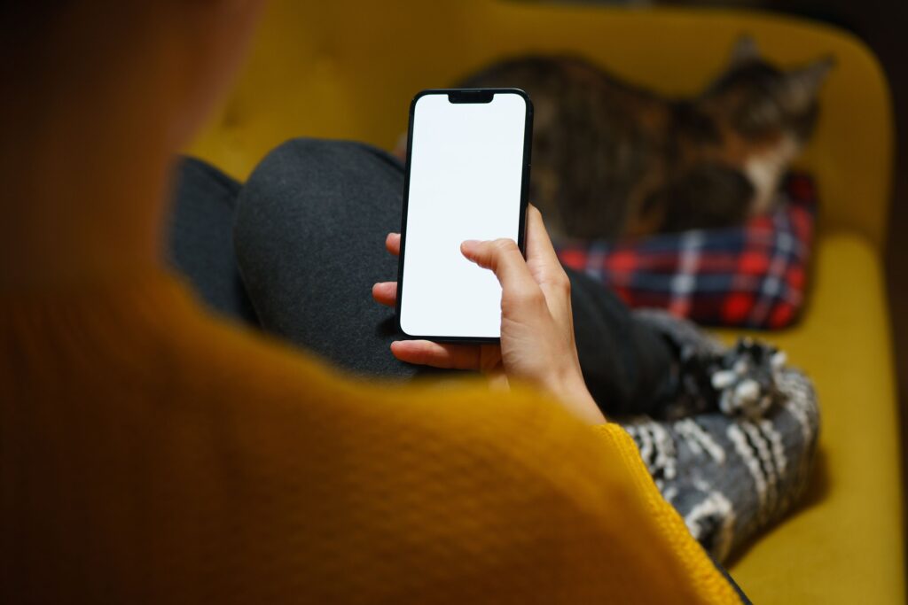 A person holding a smartphone on a cozy sofa searching for emotional support resources.